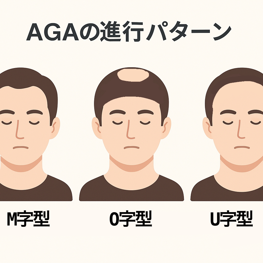 AGAの進行パターン：M字型、O字型、U字型のイラスト図解